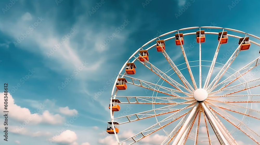 Ferris wheel on cloudy sky background. Generative Ai