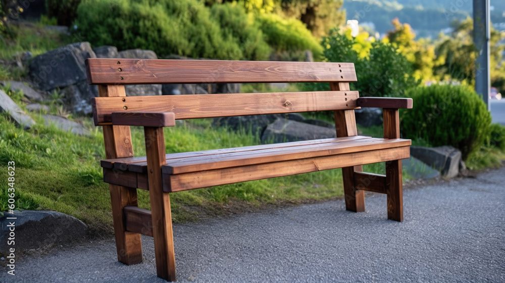 Wooden bench in the city park. Generative Ai