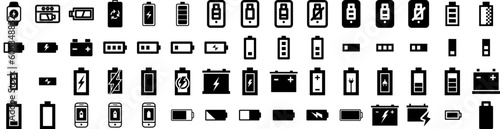 Set Of Battery Icons Isolated Silhouette Solid Icon With Energy, Industry, Electricity, Technology, Battery, Power, Electric Infographic Simple Vector Illustration Logo