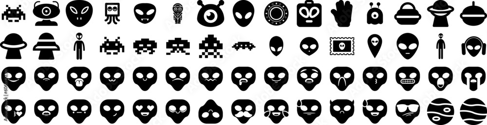 Set Of Alien Icons Isolated Silhouette Solid Icon With Space, Illustration, Ufo, Character, Alien, Fiction, Futuristic Infographic Simple Vector Illustration Logo