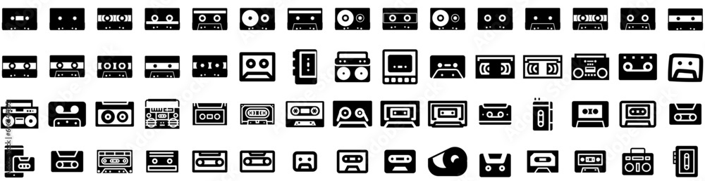 Set Of Cassette Icons Isolated Silhouette Solid Icon With Retro, Tape, Audio, Vintage, Music, Old, Cassette Infographic Simple Vector Illustration Logo Set Of Cassette Icons Isolated Silhouette Solid Icon With Retro, Tape, Audio, Vintage, Music, Old, Cassette Infographic Simple Vector Illustration Logo