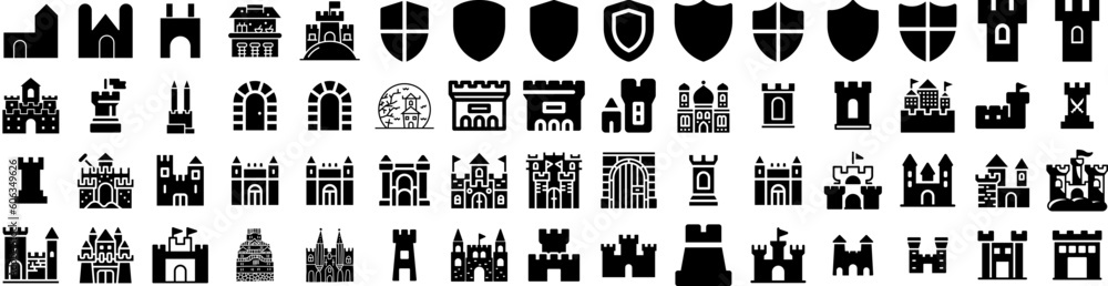Set Of Castle Icons Isolated Silhouette Solid Icon With Medieval, Castle, Fantasy, Palace, Old, Building, Architecture Infographic Simple Vector Illustration Logo