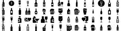 Set Of Champagne Icons Isolated Silhouette Solid Icon With Drink, Party, Alcohol, Wine, Champagne, Glass, Celebration Infographic Simple Vector Illustration Logo