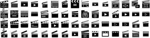 Set Of Clapperboard Icons Isolated Silhouette Solid Icon With Movie, Film, Cinematography, Clapper, Production, Cinema, Director Infographic Simple Vector Illustration Logo