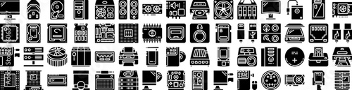Set Of Component Icons Isolated Silhouette Solid Icon With Chip, Processor, Technology, Hardware, Computer, Board, Component Infographic Simple Vector Illustration Logo