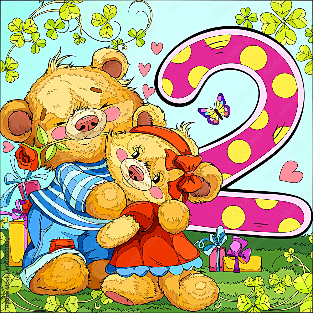 teddy bear with flowers and number two