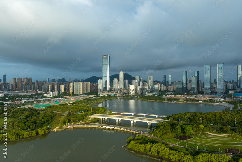 Obraz premium Shenzhen ,China - Circa 2022: Aerial view of landscape in shenzhen city, China