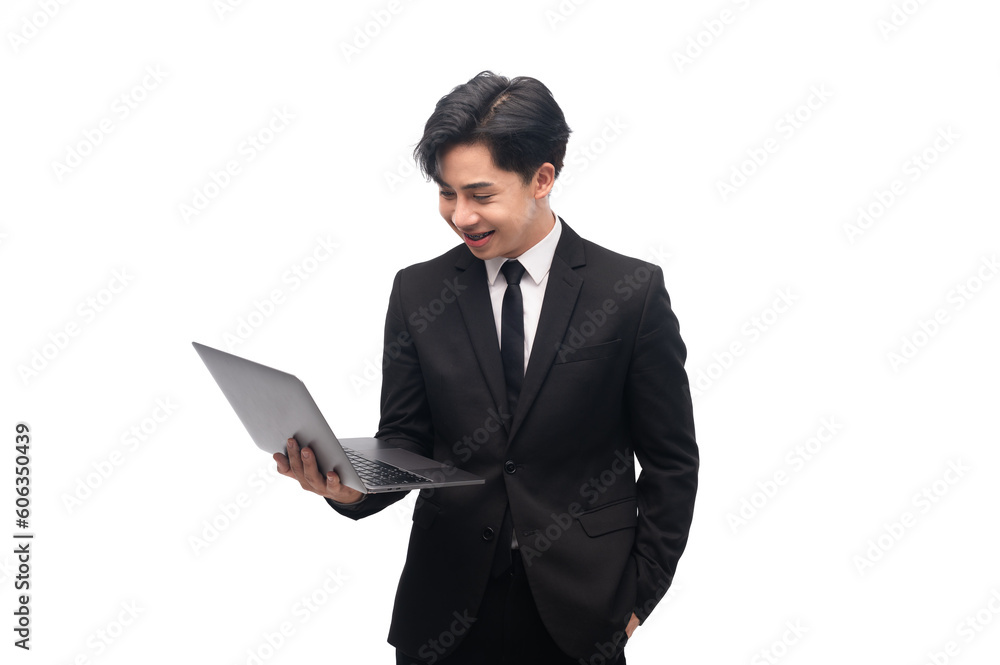 Portrait of a young business asian man using his on laptop computer while standing isolated over white background Portrait of a young business asian man using his on laptop computer while standing isolated over white background