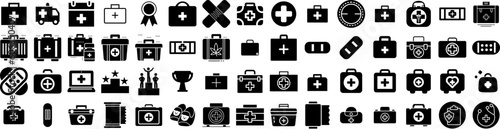 Set Of First Icons Isolated Silhouette Solid Icon With First, Medical, Aid, Emergency, Care, Help, Health Infographic Simple Vector Illustration Logo