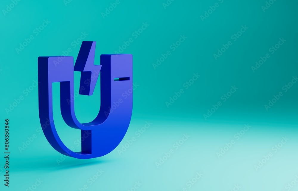 Blue Magnet icon isolated on blue background. Horseshoe magnet, magnetism, magnetize, attraction. Minimalism concept. 3D render illustration Blue Magnet icon isolated on blue background. Horseshoe magnet, magnetism, magnetize, attraction. Minimalism concept. 3D render illustration