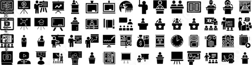 Set Of Lecture Icons Isolated Silhouette Solid Icon With Lecture, Seminar, Audience, Business, Presentation, People, Education Infographic Simple Vector Illustration Logo