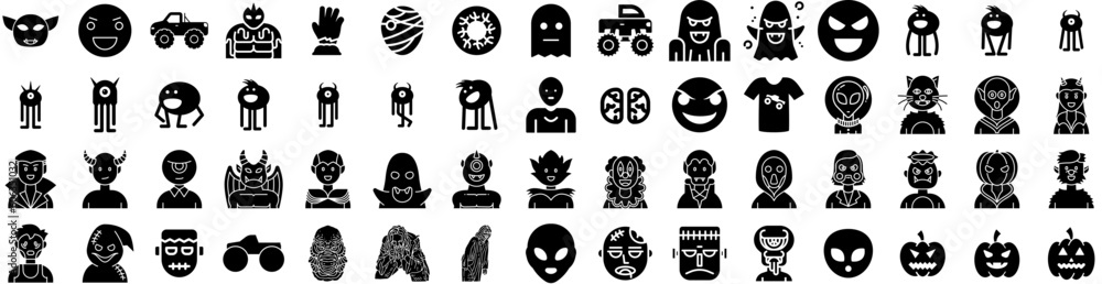 Set Of Monster Icons Isolated Silhouette Solid Icon With Illustration, Funny, Cartoon, Monster, Character, Cute, Vector Infographic Simple Vector Illustration Logo
