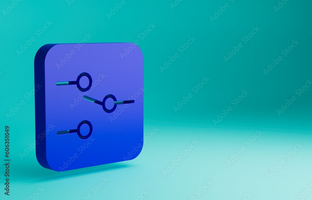 Blue Switch in electronic circuit icon isolated on blue background. Minimalism concept. 3D render illustration Blue Switch in electronic circuit icon isolated on blue background. Minimalism concept. 3D render illustration