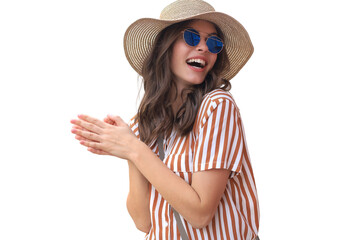 Portrait fashion woman is posing in sunglasses on a transparent background. Laughing and smiling portrait.