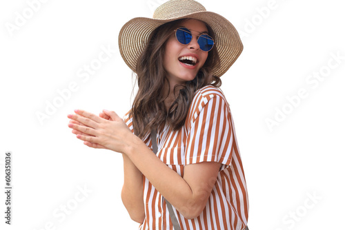 Portrait fashion woman is posing in sunglasses on a transparent background. Laughing and smiling portrait.