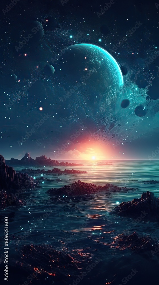Night landscape with colorful Milky Way at sea. Starry sky with the sea at night scence Beautiful Universe. Space background. Generative Ai. Night landscape with colorful Milky Way at sea. Starry sky with the sea at night scence Beautiful Universe. Space background. Generative Ai.