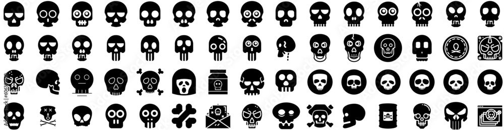 Set Of Skull Icons Isolated Silhouette Solid Icon With Dead, Horror, Bone, Skull, Death, Skeleton, Human Infographic Simple Vector Illustration Logo