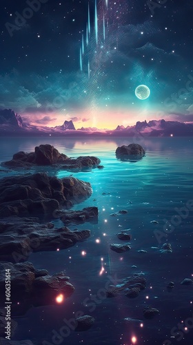 Night landscape with colorful Milky Way at sea. Starry sky with the sea at night scence Beautiful Universe. Space background. Generative Ai.