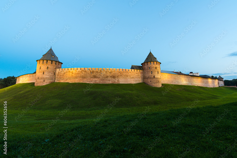 The medieval walls of the Kremlin of Novgorod, Russia