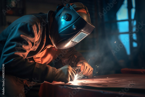 Male worker metal cutting spark on tank bottom steel plate with flash of cutting light close up wear protective gloves and mask in side confined space, © alisaaa