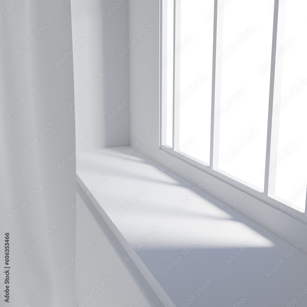 Fototapeta premium product stage at the side of the window with white curtains and transparent window 