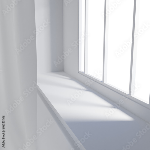 product stage at the side of the window with white curtains and transparent window 