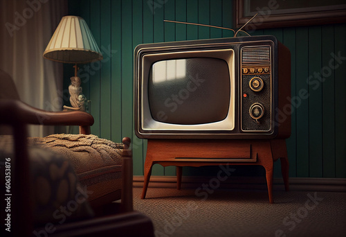Retro television from the 60', old fashioned vintage living room illustration, generative AI unreal tv models
