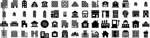Set Of Building Icons Isolated Silhouette Solid Icon With Construction, Business, Building, Architecture, Urban, City, Office Infographic Simple Vector Illustration Logo