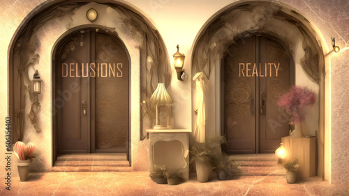 Delusions or Reality - Two Different Course of Actions That Define Future Outcome. Making the Right Choice. A Metaphoric Representation of Life's Choices,3d illustration