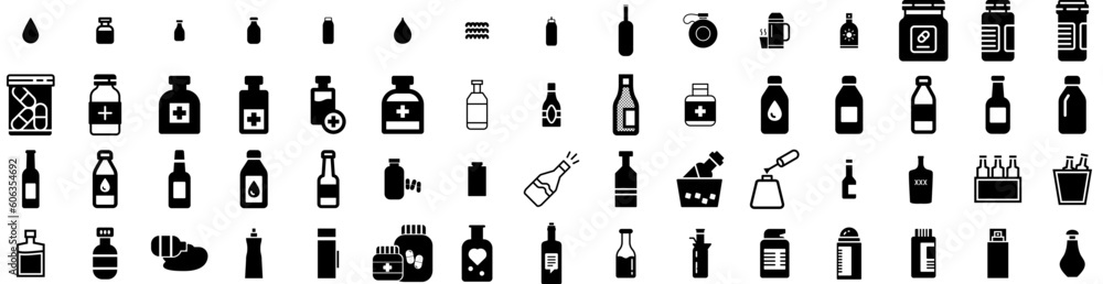 Set Of Bottle Icons Isolated Silhouette Solid Icon With White, Drink, Container, Isolated, Bottle, Vector, Design Infographic Simple Vector Illustration Logo Set Of Bottle Icons Isolated Silhouette Solid Icon With White, Drink, Container, Isolated, Bottle, Vector, Design Infographic Simple Vector Illustration Logo
