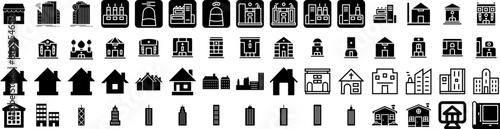 Set Of Building Icons Isolated Silhouette Solid Icon With City, Building, Office, Construction, Business, Architecture, Urban Infographic Simple Vector Illustration Logo