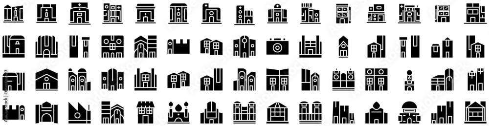 Set Of Building Icons Isolated Silhouette Solid Icon With Construction, Office, Business, Building, City, Urban, Architecture Infographic Simple Vector Illustration Logo