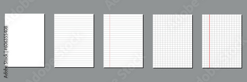 Set of realistic lined notepapers. Realistic white notepad sheets: striped, checkered, with margins, for writing, empty. 