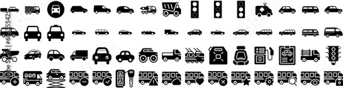 Set Of Vehicle Icons Isolated Silhouette Solid Icon With Transport, Car, Auto, Vehicle, Power, Battery, Technology Infographic Simple Vector Illustration Logo