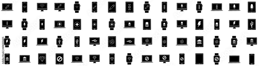 Set Of Screen Icons Isolated Silhouette Solid Icon With Digital, Device, Blank, Display, Screen, Technology, Computer Infographic Simple Vector Illustration Logo