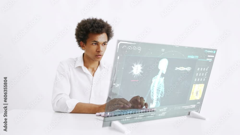 Lab scientist working on a virus infection simulation using transparent display. Futuristic technology on white background Lab scientist working on a virus infection simulation using transparent display. Futuristic technology on white background