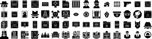 Set Of Crime Icons Isolated Silhouette Solid Icon With Investigation, Security, Police, Crime, Evidence, Detective, Criminal Infographic Simple Vector Illustration Logo