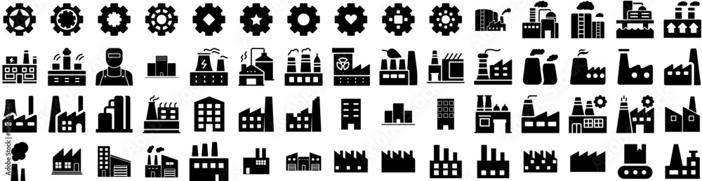 Set Of Factory Icons Isolated Silhouette Solid Icon With Manufacturing, Industrial, Industry, Factory, Plant, Technology, Production Infographic Simple Vector Illustration Logo