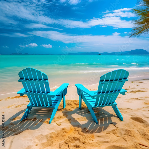 Relax chair Empty sea wave sand sun tropical beach background. Generative Ai. © artpritsadee