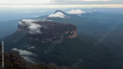 Drone flying over top of Tepuy Roraima Mount and offers stunning views of plateau and table-top mountains, Venezuela, Canaima National Park, South America photo