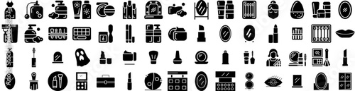 Set Of Makeup Icons Isolated Silhouette Solid Icon With Fashion, Cosmetic, Face, Female, Makeup, Brush, Beauty Infographic Simple Vector Illustration Logo