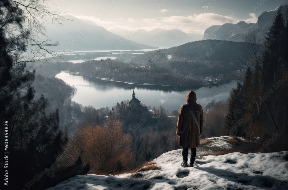 Mountaineer woman observes the views of a sunset on Lake. Generative Ai. Mountaineer woman observes the views of a sunset on Lake. Generative Ai.