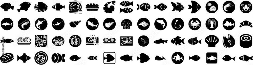 Set Of Seafood Icons Isolated Silhouette Solid Icon With Shellfish, Food, Prawn, Sea, Seafood, Restaurant, Gourmet Infographic Simple Vector Illustration Logo Set Of Seafood Icons Isolated Silhouette Solid Icon With Shellfish, Food, Prawn, Sea, Seafood, Restaurant, Gourmet Infographic Simple Vector Illustration Logo