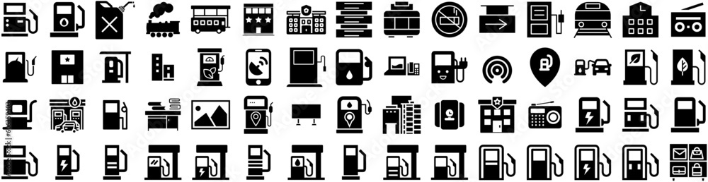Set Of Station Icons Isolated Silhouette Solid Icon With Energy, Fuel, Car, Service, Transport, Station, Automobile Infographic Simple Vector Illustration Logo