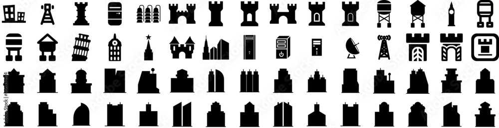 Obraz premium Set Of Tower Icons Isolated Silhouette Solid Icon With Travel, Landmark, Tourism, Architecture, Famous, Europe, Tower Infographic Simple Vector Illustration Logo