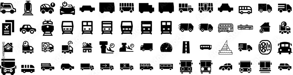 Set Of Transportation Icons Isolated Silhouette Solid Icon With Transport, Transportation, Ship, Truck, Traffic, Cargo, Plane Infographic Simple Vector Illustration Logo