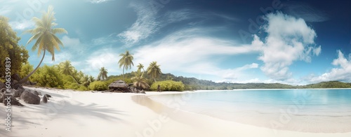 Sky and sun at sea background, ocean and beach vector island scenery empty cartoon. Ocean or sea water with waves and clouds in sky summer blue seascape with cloudy sky and seaside. Generative Ai © Kowit