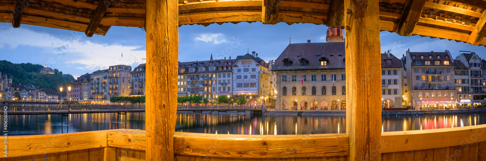 Evening Panorama of Lucerne's Old Town, seen from the famous Chapel Bridge, Switzerland