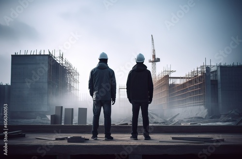 Construction concept. at back of the construction worker head which is wearing the safety helmet and checking work at the construction site. Non-existent person. Generative Ai