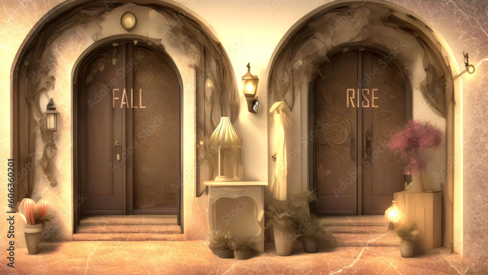 Fall or Rise - Two Different Course of Actions That Define Future Outcome. Making the Right Choice. A Metaphoric Representation of Life's Choices,3d illustration